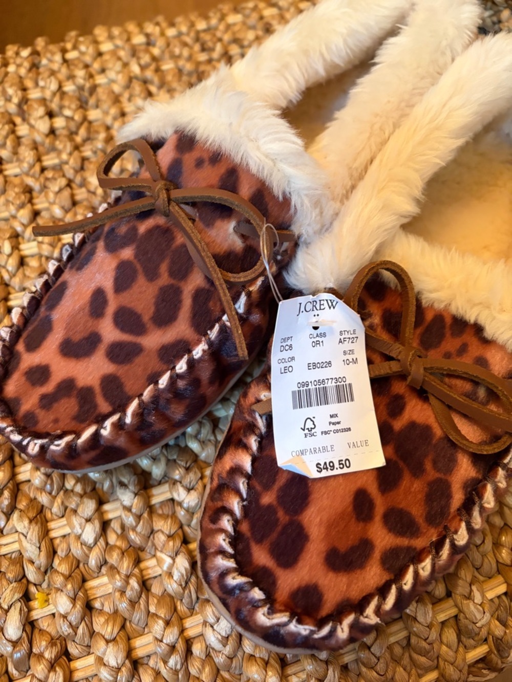 NWT J. Crew Leopard Print Faux Fur Moccasin Slippers in Brown and Cream